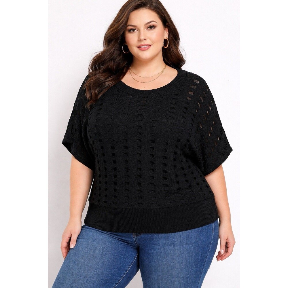 Black Open Knit Sweater Top 2X Short Sleeve Boho Grunge Friary Minimalist 80s